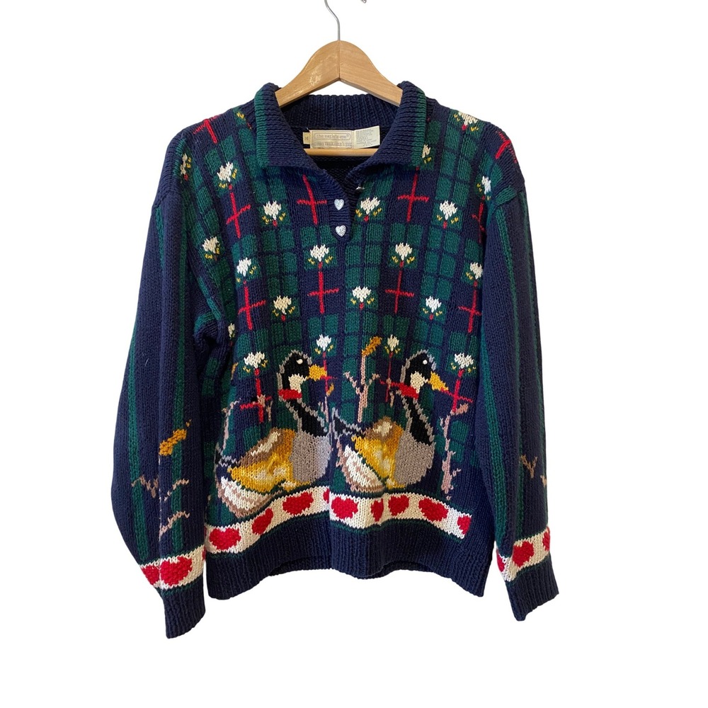 Vintage Eagle's Eye Duck Sweater Hand Knit‎ Size M Blue Mallard Cottage Grandma